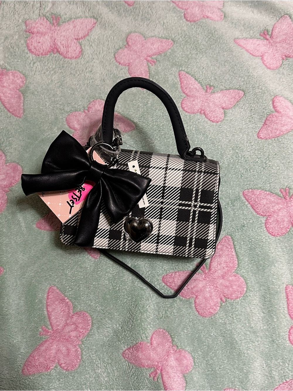 Black, Gray and White Plaid Betsey Johnson Crossbody Bag